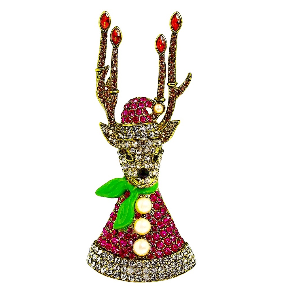 HEIDI DAUS "Candle-Iscous" Enamel  Crystal Pearl Reindeer Brooch NWB and tags